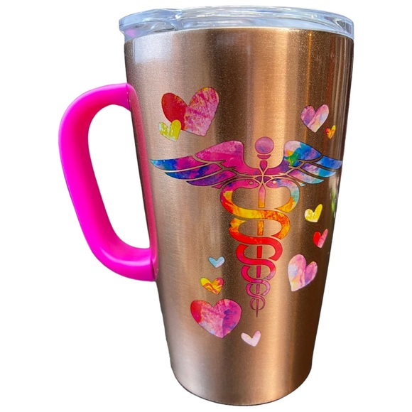 18oz Insulated Stainless Steel NURSE CADUCEUS RN Mug with Lid Rose Gold NEW - Picture 5 of 8